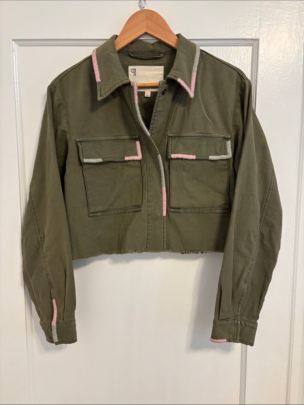 Pilcro Olive Cropped Utility Jacket with Pink Trim